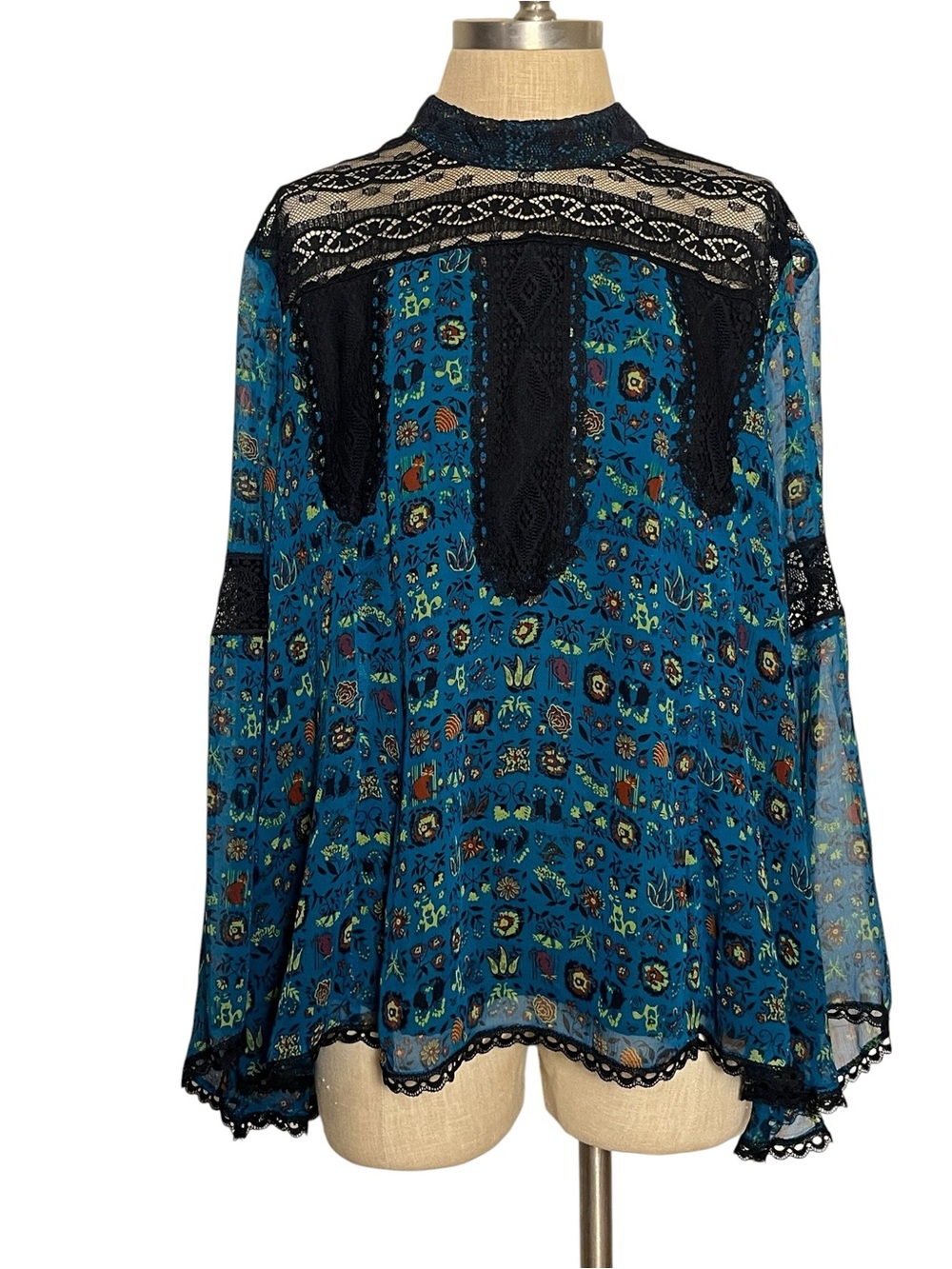 Anna Sui x INC Silk Floral Lace Bell Sleeve Blouse Whimsigoth XL